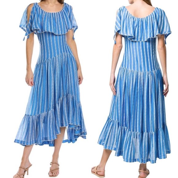 Tory Burch Embroidered Organza High-Low Silk-Blend Maxi Dress in Azure Blue Sz 4 - Picture 1 of 16